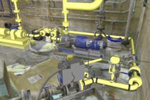 piping design overlaid on industrial building laser scan