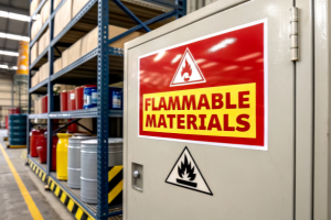 Flammable materials warning sign on cabinet